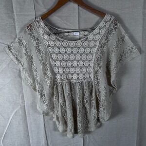 Willi Smith Womens XS Ivory Lace Crochet Boho Poncho Top Short Sleeve Blouse